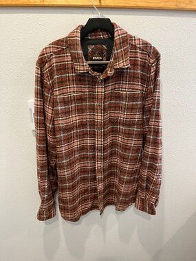 prAna Men's 100% Organic Cotton Plaid Shirt Orange Brown L
